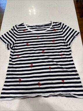 Talbots Black and White Striped Short Sleeve Tee with Red Palm Embroidery